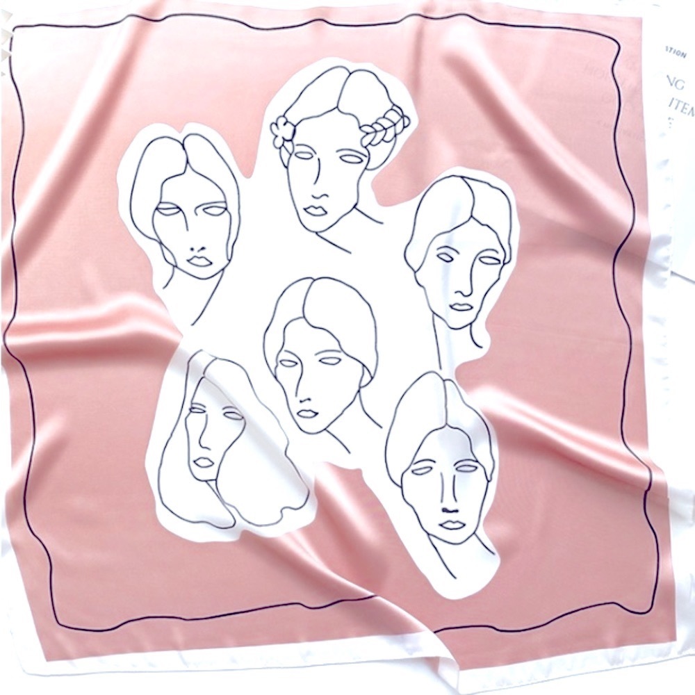 Silk 27.5x27.5 face line art head neck purse scarf peach and cream colored luxry